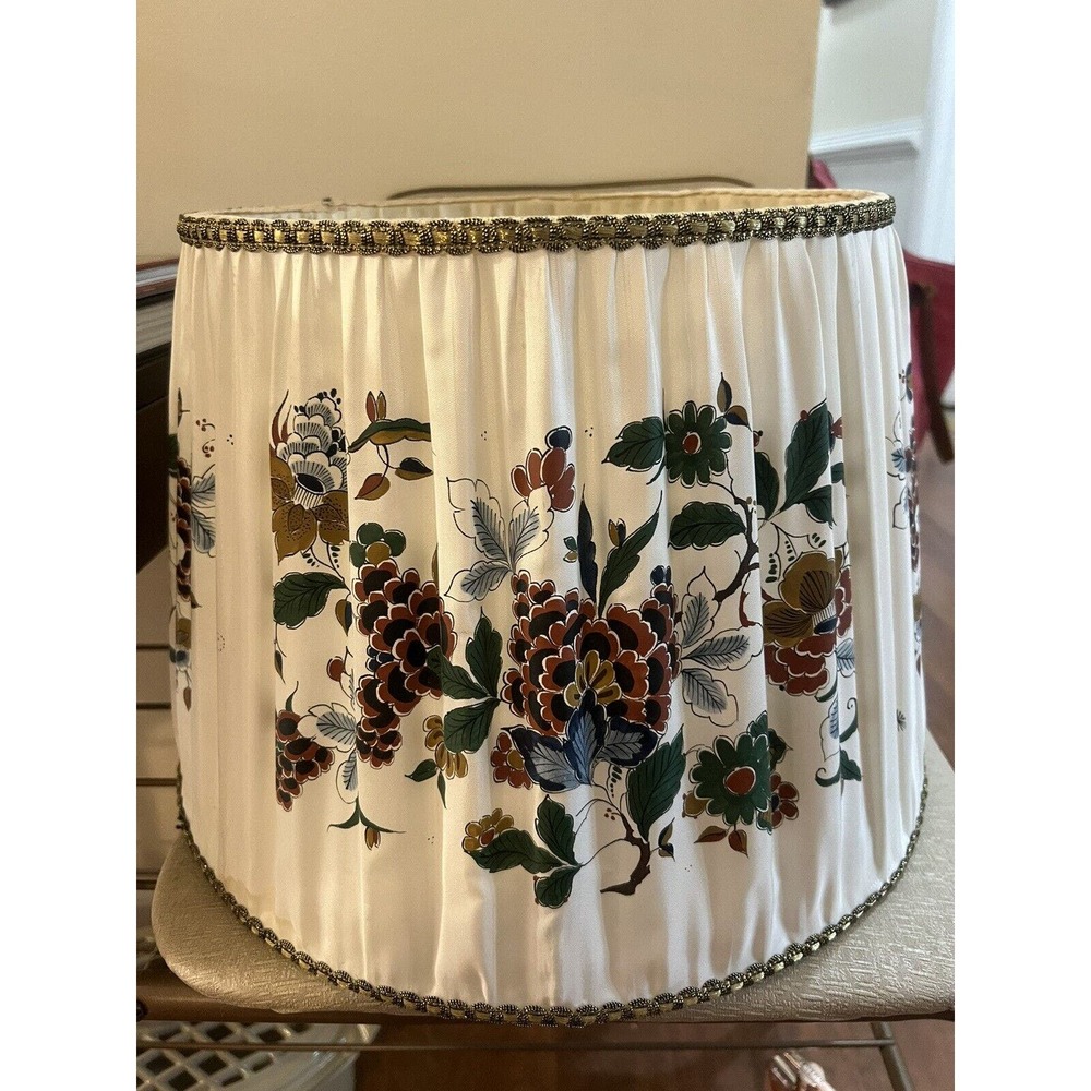 Vintage Large Royal Delft Silk Hand Painted Pleated Lamp Shade